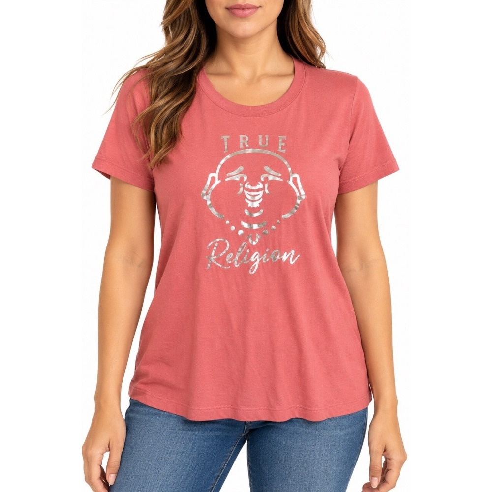 True Religion Womens Graphic Tee Shirt Coral Pink Foil Logo XL